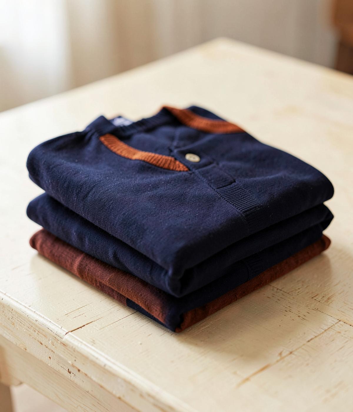 Folded school sweaters in navy with orange trim